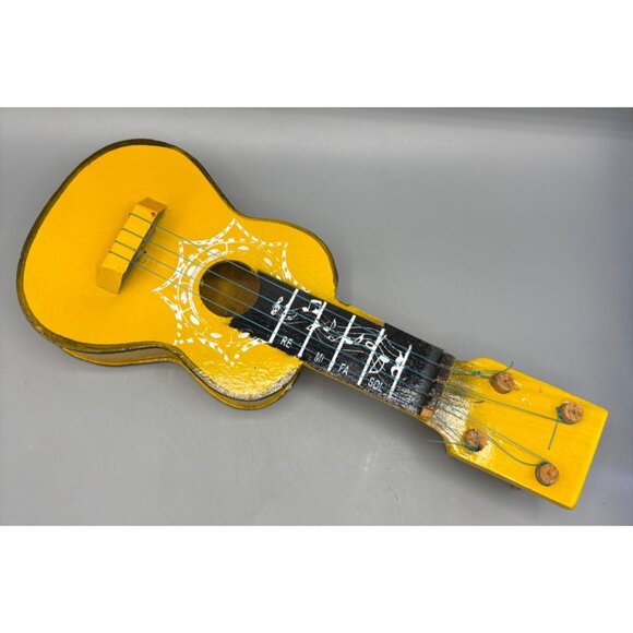 Hand-Painted Yellow Wooden Toy Guitar With Musical Notes Design Mexico - Picture 1 of 4